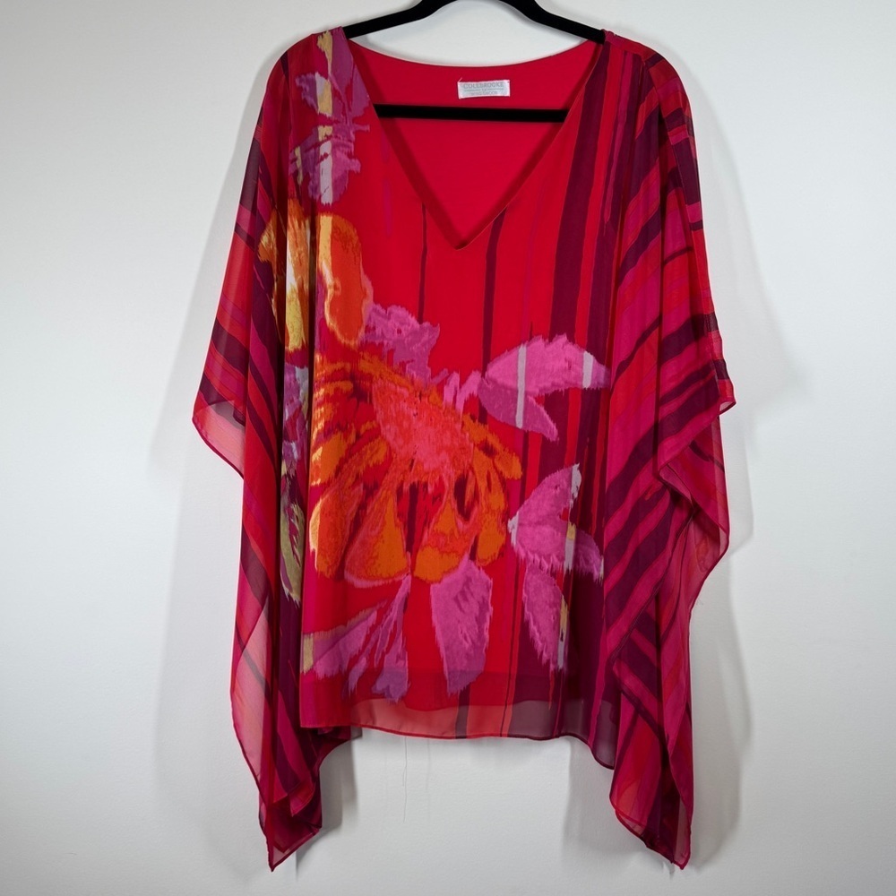Colebrooke by Windsmoor Red Floral Stripe Poncho Blouse Size Small Sheer Overlay - Picture 2 of 12